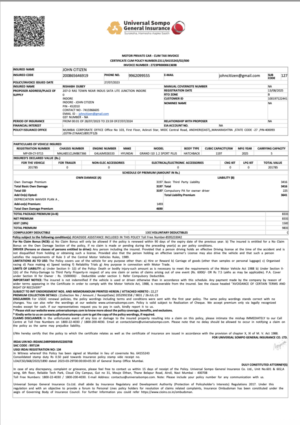 Japan Universal Sompo General certificate cum policy Word and PDF template, version 2