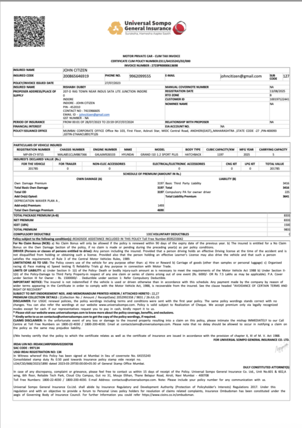 Japan Universal Sompo General certificate cum policy Word and PDF template, version 2