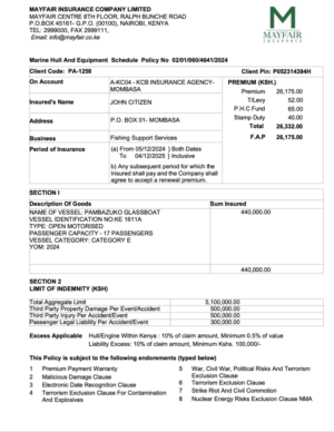 Kenya Mayfair Insurance Company Limited Marine Hull and Equipment schedule policy Word and PDF template