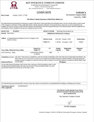 Key Insurance Company Jamaica the motor vehicles insurance Word and PDF template