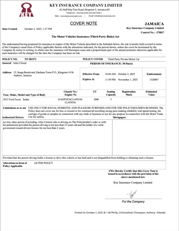 Key Insurance Company Jamaica the motor vehicles insurance Word and PDF template