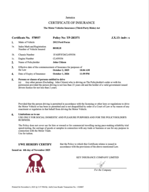 Key Insurance Company Jamaica the motor vehicles insurance Word and PDF template, version 2
