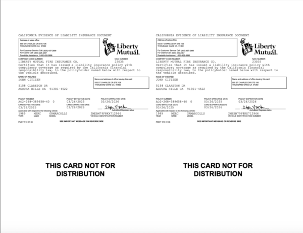 Liberty Mutual Insurance California evidence of liability insurance document Word and PDF template