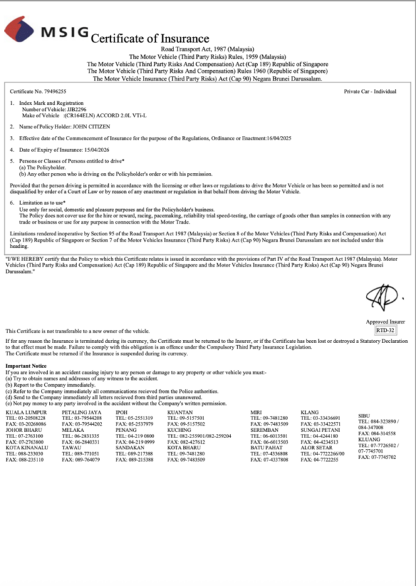Malaysia MSIG Insurance certificate of insurance Word and PDF template