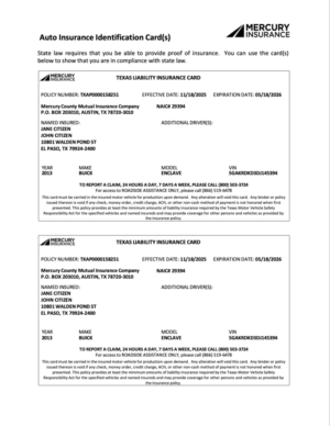 Mercury General Corporation Texas Liability insurance card Word and PDF template