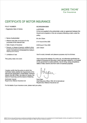 More Than Car Insurance certificate of motor insurance Word and PDF template