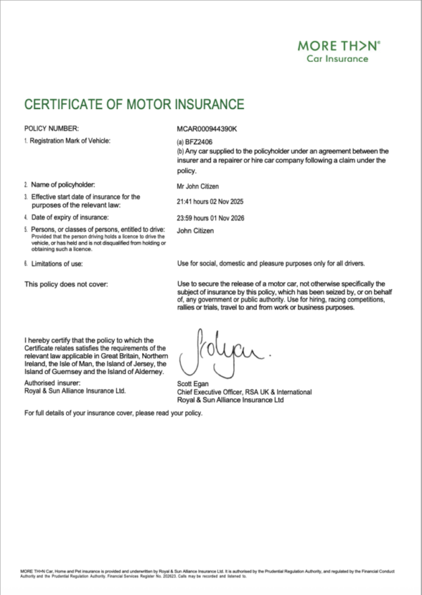 More Than Car Insurance certificate of motor insurance Word and PDF template