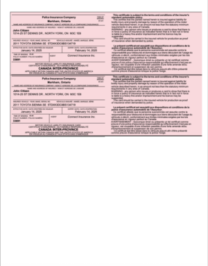 Ontario Pafco Insurance Company motor vehicle liability insurance card Word and PDF template