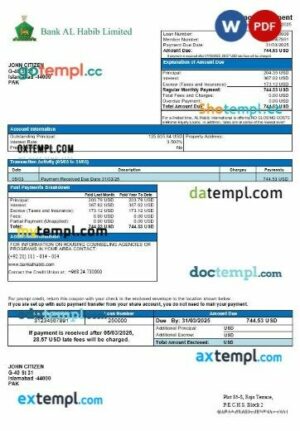 Pakistan Bank Al Habib mortgage statement in Word and PDF formats