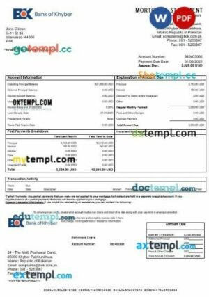 Pakistan The Bank of Khyber mortgage statement in Word and PDF formats