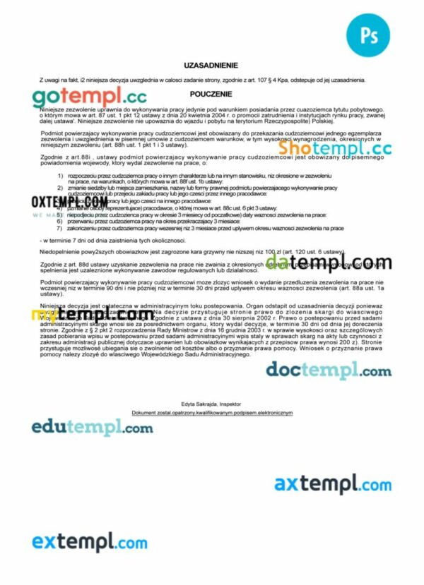 Poland foreigner work certificate template in PSD format, 2 pages - Image 2