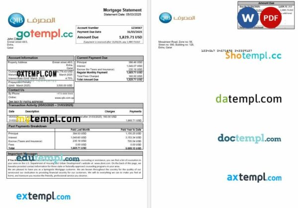 Qatar Islamic bank mortgage statement in Word and PDF formats