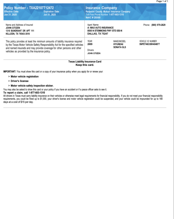 Redpoint County Mutual Insurance Company Texas Liability insurance card Word and PDF template