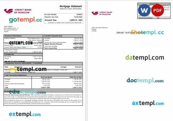 Russia Credit bank of Moscow mortgage statement in Word and PDF formats