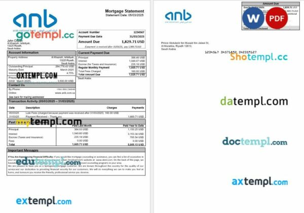 Saudi Arabia Arab National Bank ANB mortgage statement in Word and PDF formats