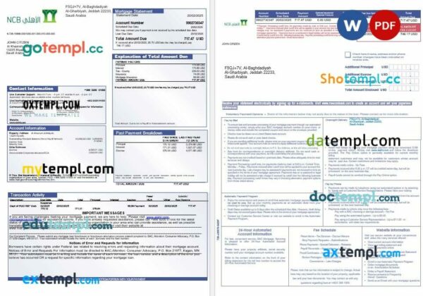 Saudi Arabia NCB bank mortgage statement in Word and PDF formats