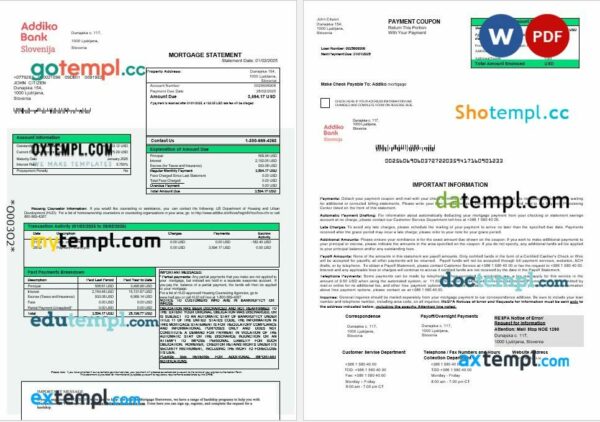 Slovenia Addiko bank mortgage statement in Word and PDF formats