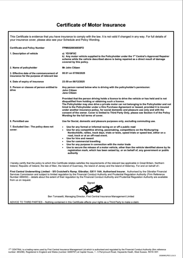 UK 1st Central certificate of motor insurance Word and PDF template, version 2