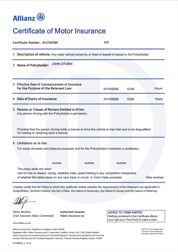 UK Allianz certificate of motor insurance Word and PDF template