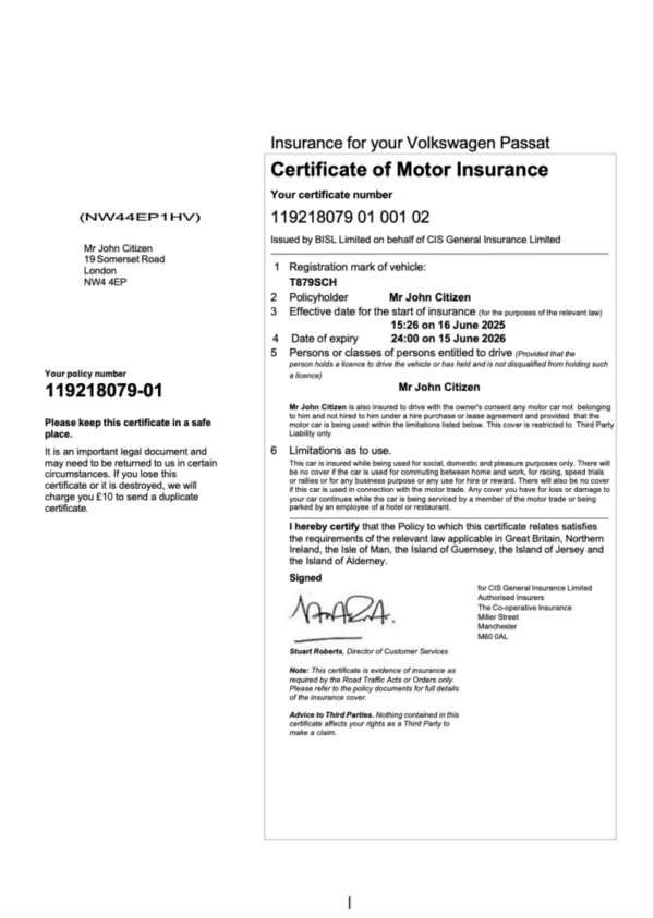 UK CIS General Insurance Limited certificate of motor insurance Word and PDF template