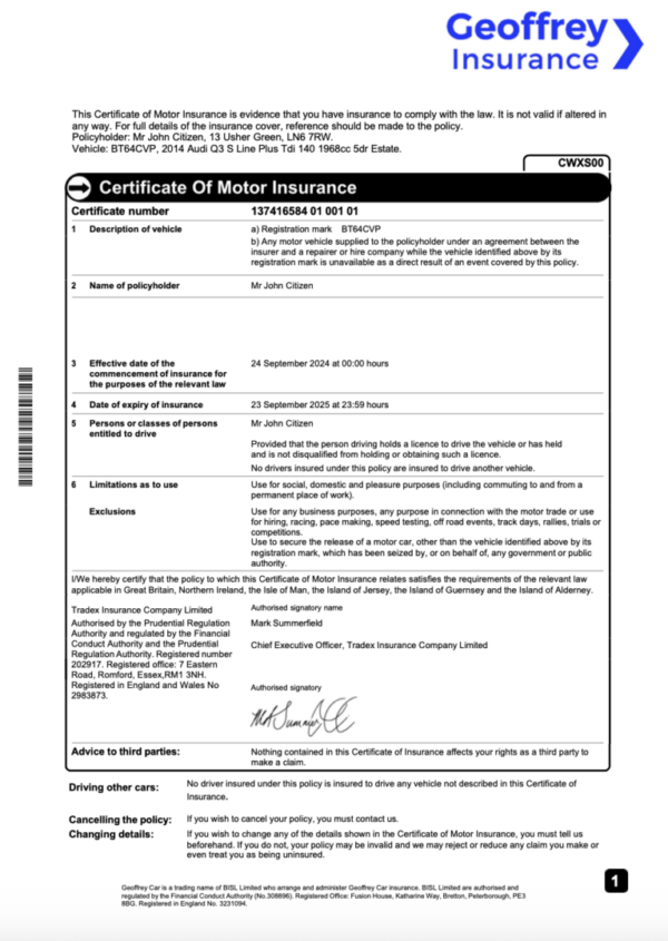 UK Geoffrey Insurance certificate of motor insurance Word and PDF template