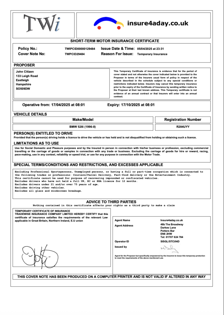 UK Insure4aDay Short term Motor Insurance Certificate Word And PDF UK Insure4aDay Short term Motor Insurance Certificate Word And PDF