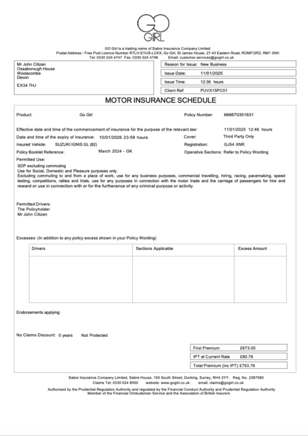 UK Sabre Insurance Company motor insurance schedule Word and PDF template