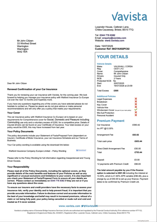 UK Vavista Car Insurance renewal confirmation of car insurance Word and PDF template