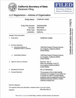 USA California LLC registration Word and PDF template