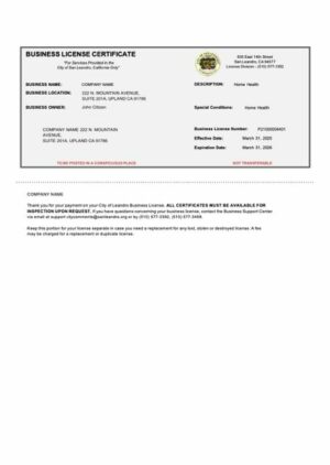 USA California business license certificate Word and PDF template