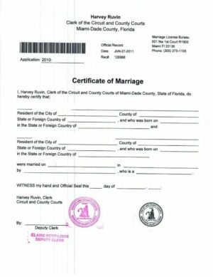 USA Circuit and county courts of Florida marriage certificate template in PSD format
