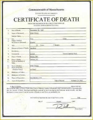 USA Commonwealth of Massachusetts the records of deaths in Marion death certificate template in PSD format