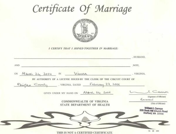 USA Commonwealth of Virginia state department of health marriage certificate template in PSD format