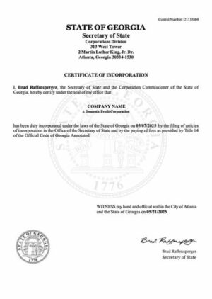 USA Georgia certificate of incorporation Word and PDF template