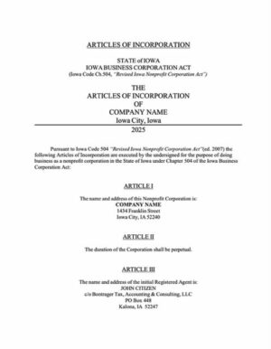 USA Iowa articles of incorporation Word and PDF template