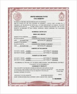 United Mexican States civil registry marriage certificate template in PSD format