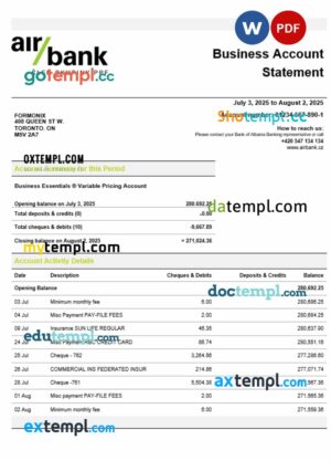 Air bank business organization checking  statement Word and PDF format