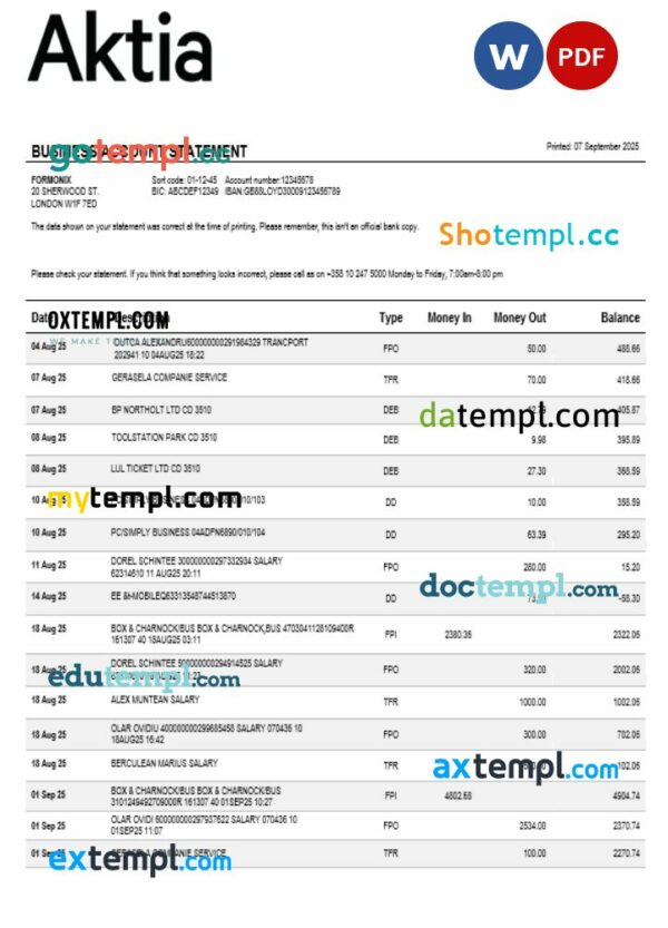 Aktia Bank business firm account statement Word snd PDF format