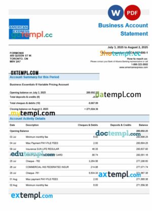 American Express Air Miles enterprise account statement Word and PDF template