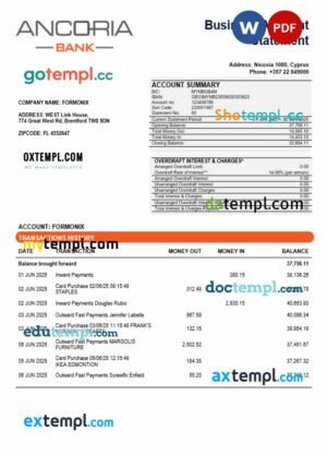 Ancoria bank business account statement Word and PDF template