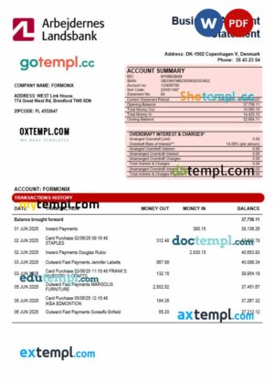 Arbejdernes Landsbank enterprise account statement Word and PDF template