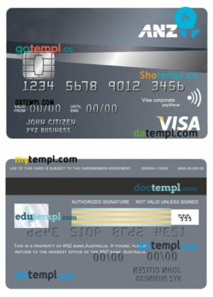 Australia ANZ Bank credit visa corporate paywave card template in PSD format