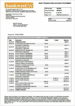 Australia Bankwest account statement Word and PDF template