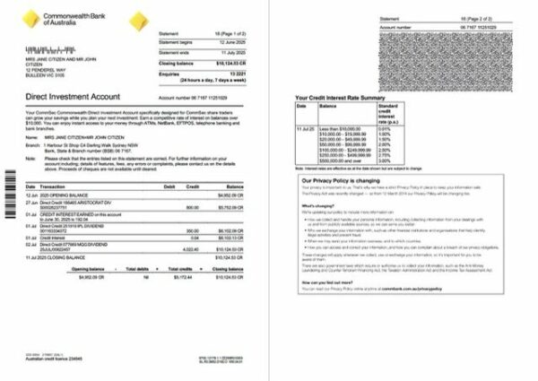 Australia Commonwealth account statement Word and PDF template, 2 pages