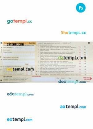 Australia arrival card template in PSD format