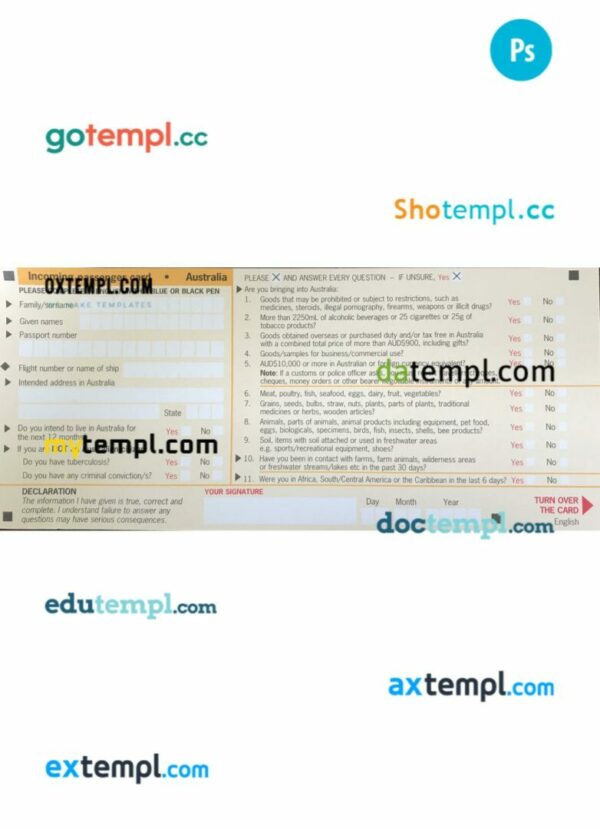 Australia arrival card template in PSD format