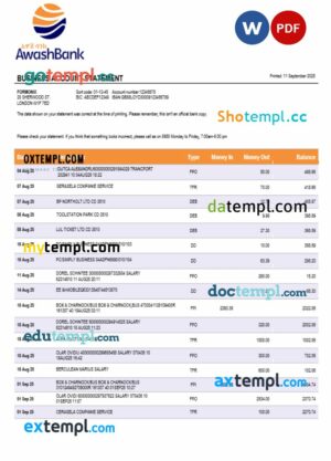 Awash Bank firm account statement Word and PDF template