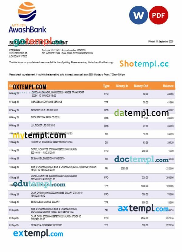 Awash Bank firm account statement Word and PDF template