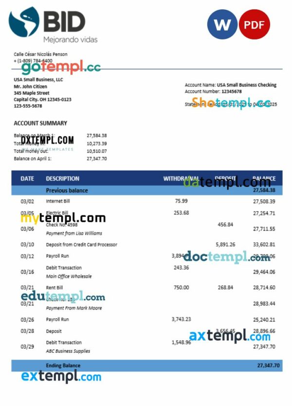 BID business account statement Word and PDF template