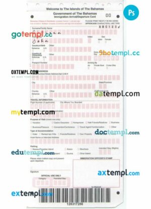 Bahamas arrival departure card template in PSD format